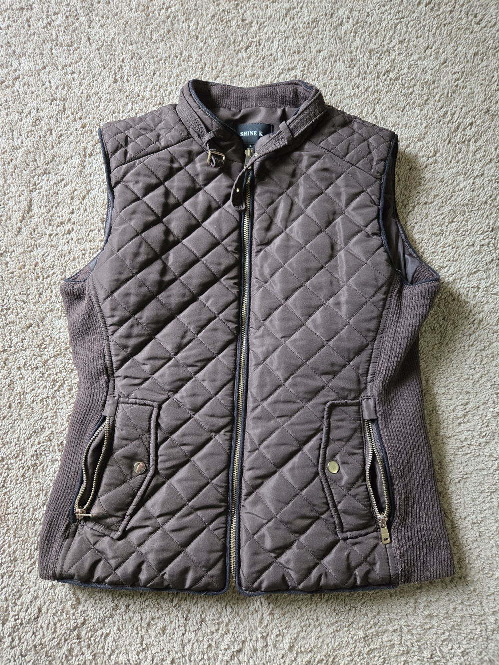 Shine K Brown Diamond Quilted Vest Stretch Panels L